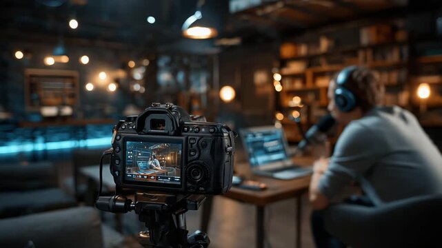 Dynamic Podcasting Scene with Professional Setup and Warm Ambiance