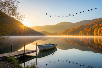 sunrise over the lake in mountains with boat an birds in the sky