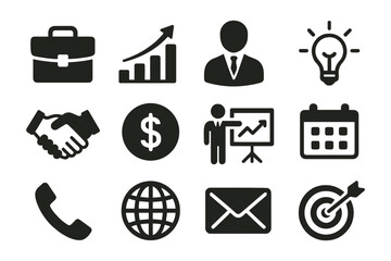 Solid business icon set, including briefcase, growth chart, businessman, light bulb, handshake, dollar coin, presentation, calendar, phone, globe, email, and target icon