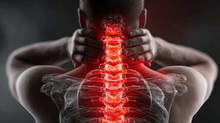 Realistic photo of a man holding his neck with transparent spine overlay showing cervical vertebrae pain, inflammation, or injury in the upper back