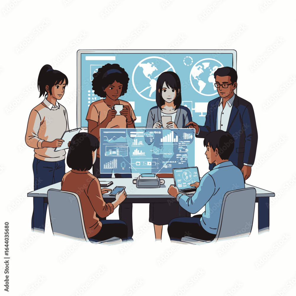 Aufkleber diverse professionals collaborate, analyzing global data and charts on computers and large screens, 
