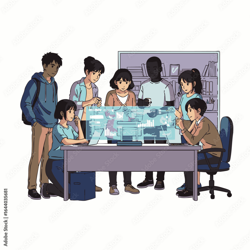 Poster young, diverse students collaborate intently around a modern holographic table, exploring digital da