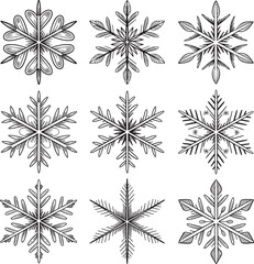 Intricate black and white line art illustrations of various snowflakes winter crystal