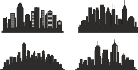 City skyline silhouette vector set, urban building shapes, modern skyscraper design, metropolitan cityscape graphic, black architecture illustration, downtown horizon view design