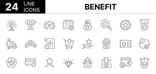 Collection of 24 Benefit, line icons featuring editable strokes. These outline icons depict various modes of Benefit, be of use, reward, star, gift, bonus, line, loyalty, vector, incentive, coupon,