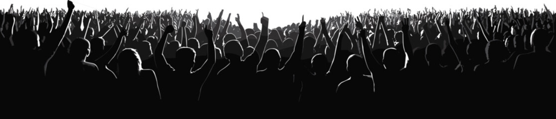 Concert crowd silhouette, cheering audience vector, live music event illustration, festival celebration scene, raised hands, black and white graphic art design