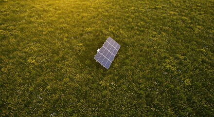 Aerial view of a solar panel in a field of wildflowers at sunset