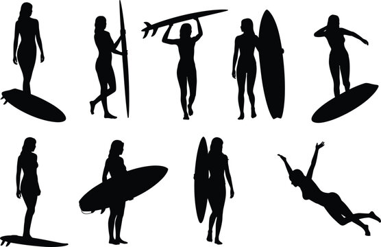 Female surfer silhouette collection, women surfing poses, surfboard vector design, beach sport illustration, ocean wave riding, summer activity, black silhouette artwork