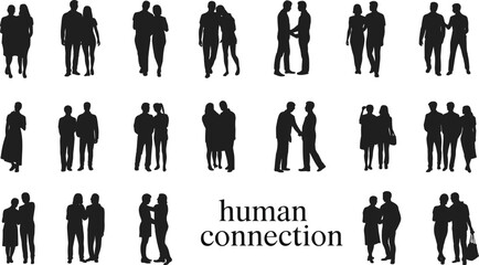 Human connection silhouette, couple standing, people talking, friendship vector, relationship communication, social interaction, black and white design, love partnership