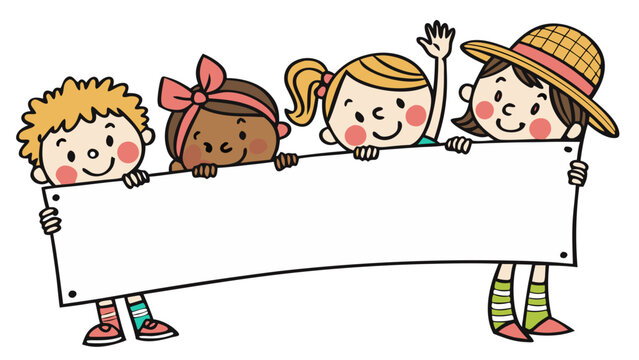 four diverse cartoon children holding blank banner sign illustration for educational announcements and customizable graphics