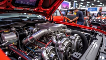Capture a Detailed View of Engine Components at an Automotive Expo Indoor Setting Technical Perspective