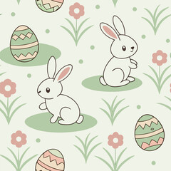 Cute Easter bunnies and decorated eggs in a grassy field pattern bunny rabbit