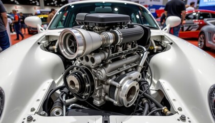 Modified Turbo Car Showcase Auto Expo Engine Close-Up Indoor Venue Enthusiast Perspective Automotive Performance