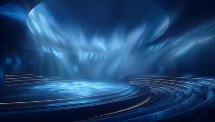 Virtual performance dome with blue rays curved speakers and fog effect