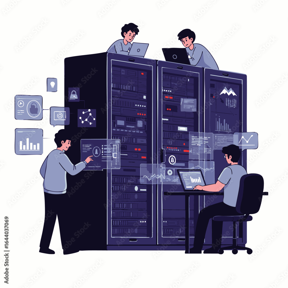 Aufkleber it professionals are diligently managing and optimizing vast server racks within a modern data cente