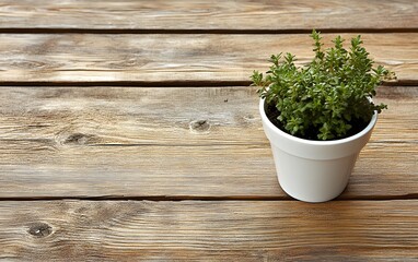 Small Thyme Plant in White Pot on Rustic Wooden Background
