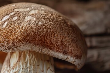 Professional macro photography of a pristine porcini mushroom, extreme close-up detail showing cap texture and pores, natural forest floor setting, warm golden hour lighting, shallow depth of field, r