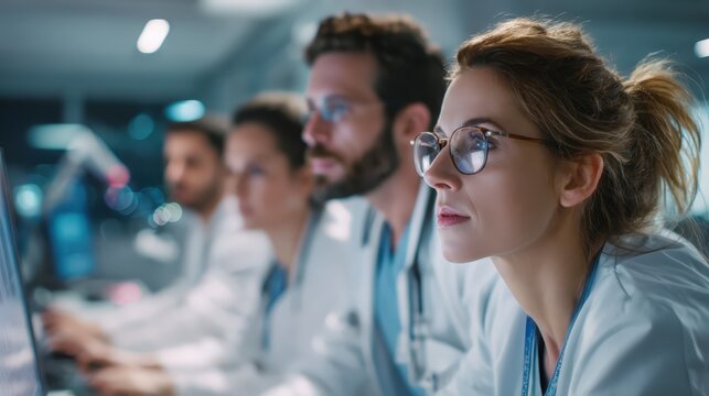 Professional medical team working together in modern emergency room, diverse doctors and nurses coordinating patient care, bright clinical lighting with emergency equipment illumination, shot with 35m