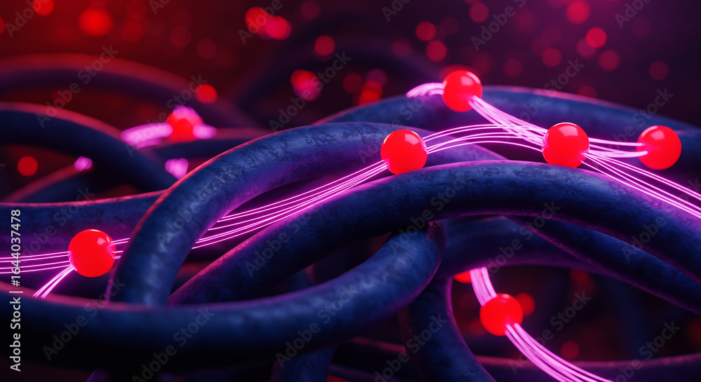 Aufkleber abstract close-up of interconnected dark blue tubes with red spheres and glowing pink lines, creatin
