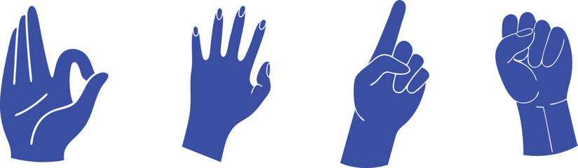 Set of blue hand gesture icons including OK sign, open palm, pointing finger, and closed fist. Perfect for communication, signs, and user interface design. High-quality vector illustration set.