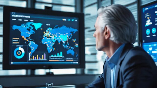 Senior business executive analyzing global data visualization on computer monitors with world map, charts, and statistical graphics


