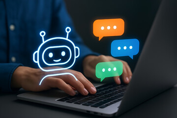 Person Typing on Laptop with Friendly AI Robot Icon and Colorful Chat Bubbles – Concept of Artificial Intelligence Assistance, Online Communication, and Digital Messaging.