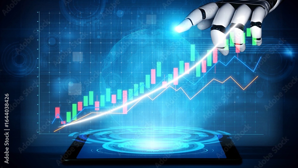 Poster a robotic hand gently interacts with vibrant financial graphs displayed on a tablet, showcasing the 