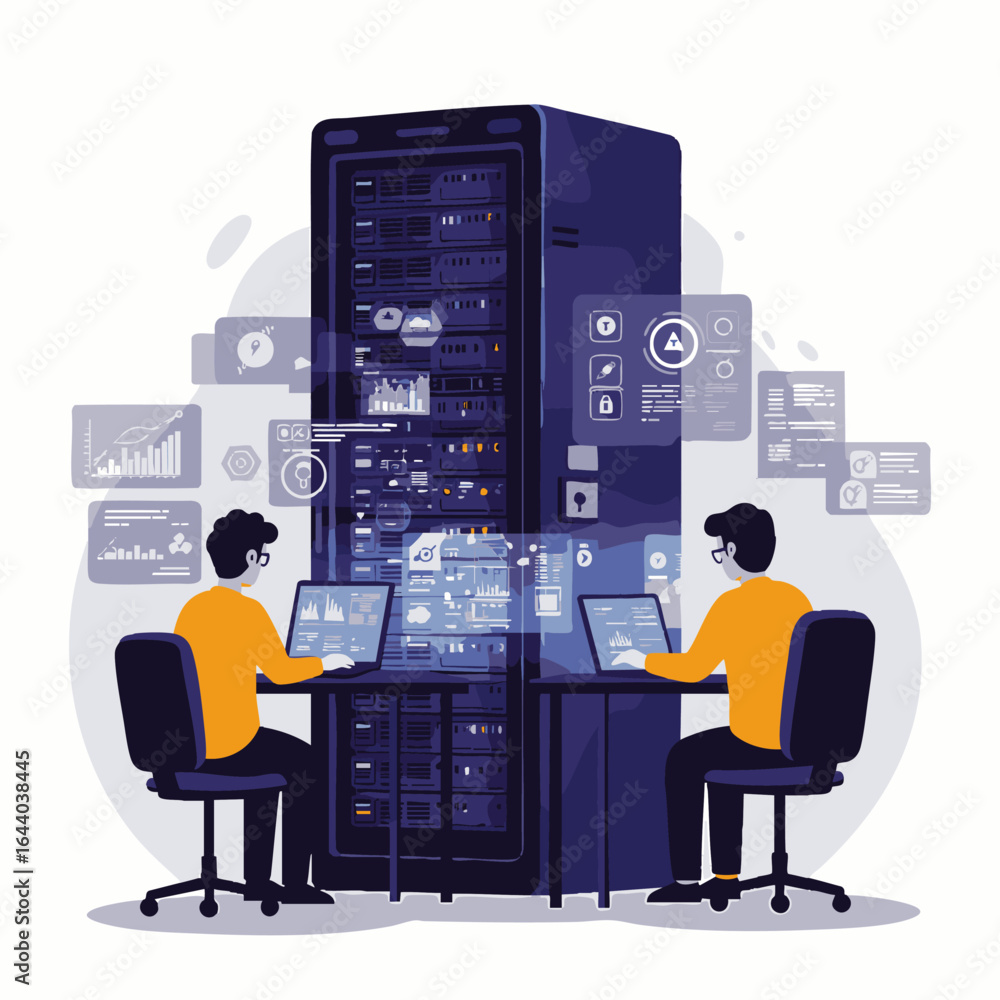 Aufkleber illustrative depiction of two it professionals working at their desks, managing and optimizing a lar