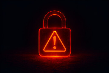 Glowing red padlock with warning symbol illuminates dark digital cyberspace signaling cybersecurity threat alert or system breach danger