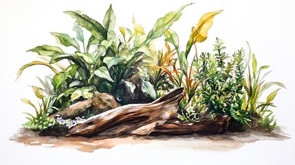 Watercolor Painting of Lush Tropical Foliage and Driftwood