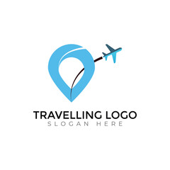 Tropical Adventure Travel Logo with Airplane, Mountains, and Sunset