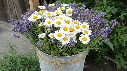 Charming Rustic Bouquet of Daisies and Lavender in a Galvanized Metal Bucket