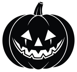 Spooky jack o lantern with a scary evil smile is isolated on a dark background for Halloween