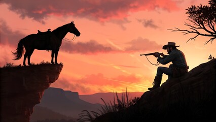 a dramatic scene of a cowboy sitting beside