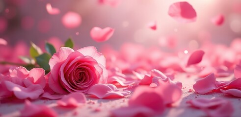 Romantic pink rose petals falling in soft sunlight