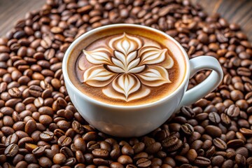 A cup of latte art with a flower design surrounded by coffee beans