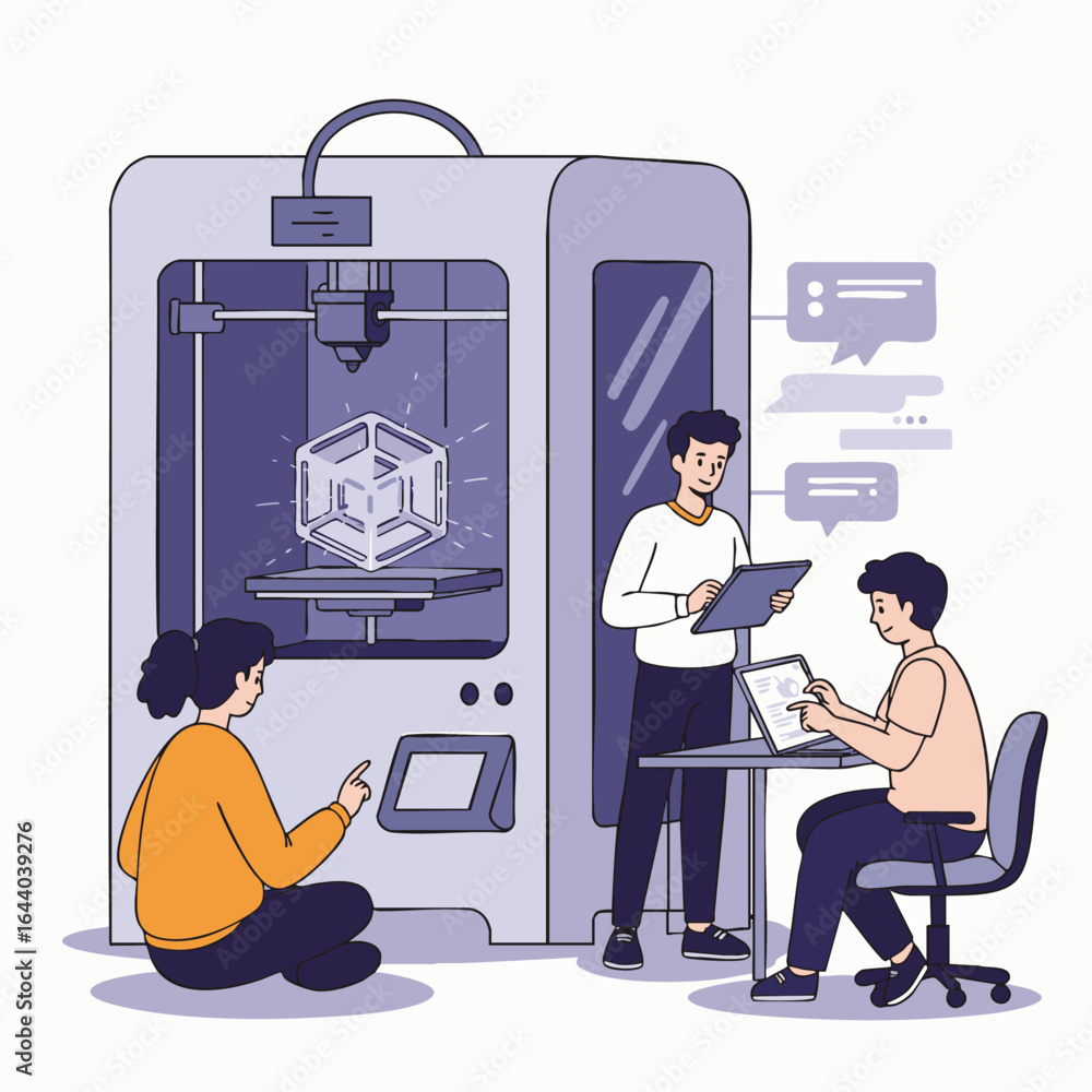 Poster a diverse team collaboratively develops innovative designs using a cutting-edge 3d printer, symboliz