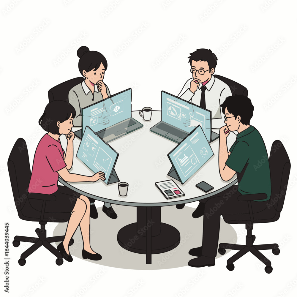 Poster an illustration depicts a diverse group of professionals actively collaborating around a table, anal