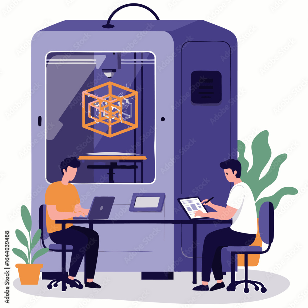 Poster Two designers collaborate on a cutting-edge 3D printing project, showcasing modern manufacturing and innovative product development in a high-tech workspace.