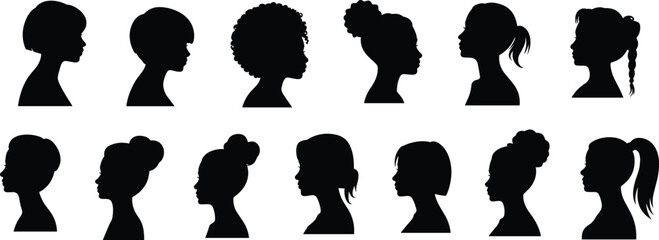 Women hairstyle silhouette collection, female profile vector art, stylish hair design, beauty fashion illustration, elegant head shapes, black hairstyle artwork