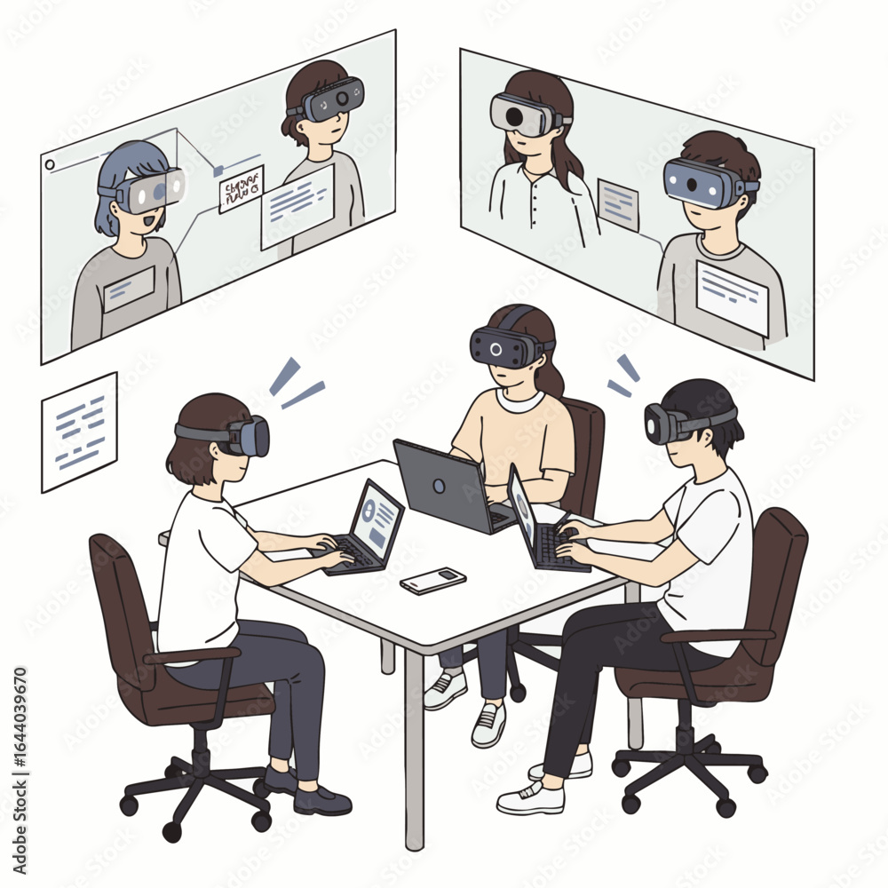 Poster an illustrative depiction of individuals immersed in a virtual reality collaborative environment, ut
