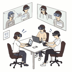An illustrative depiction of individuals immersed in a virtual reality collaborative environment, utilizing advanced technology for remote work and interactive learning experiences.