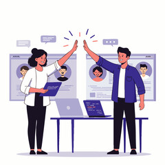 Two enthusiastic business professionals celebrate a successful collaboration, giving a high-five in a modern office environment, symbolizing teamwork and achievement.