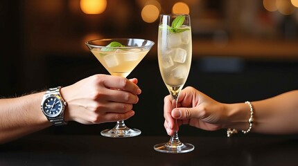 a male and female hand toasting with elegant cocktails filled with refreshing drinks, the male hand wearing a sleek silver watch and the female hand adorned with a delicate gold bracelet,