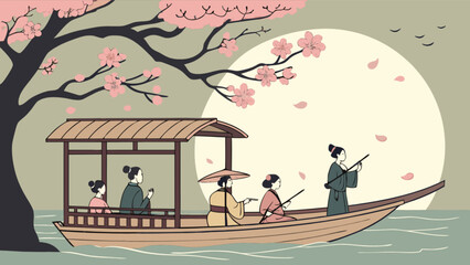 Japanese cherry blossom season with boat ride and people in traditional clothing vector illustration