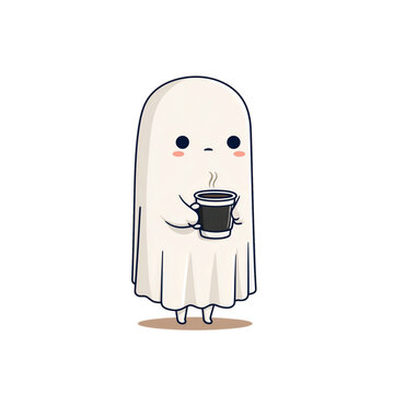 Cute Little Ghost Holding Coffee Cup &ndash; Spooky Halloween Kawaii Design