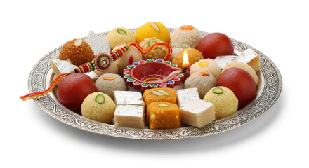 pastel style raksha bandhan and indian sweets laddu arranged on brass plate for rakhi 