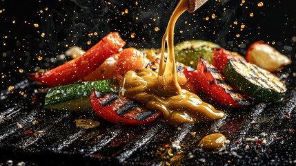 Honey mustard splashing onto grilled vegetables, its glossy yellow-gold hue adding richness to the dish, isolated on black background,