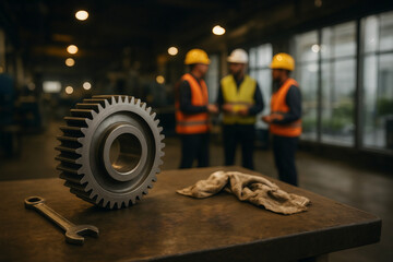 Large Industrial Gear on Workbench with Tools and Engineers in Background &ndash; Factory Scene