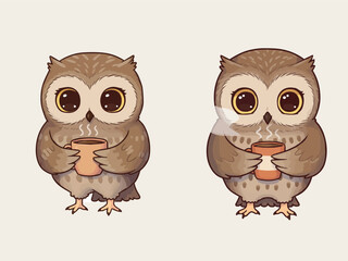 Chibi Owl Drinking Coffee Cute Sleepy Bird Cartoon Vector Illustration
